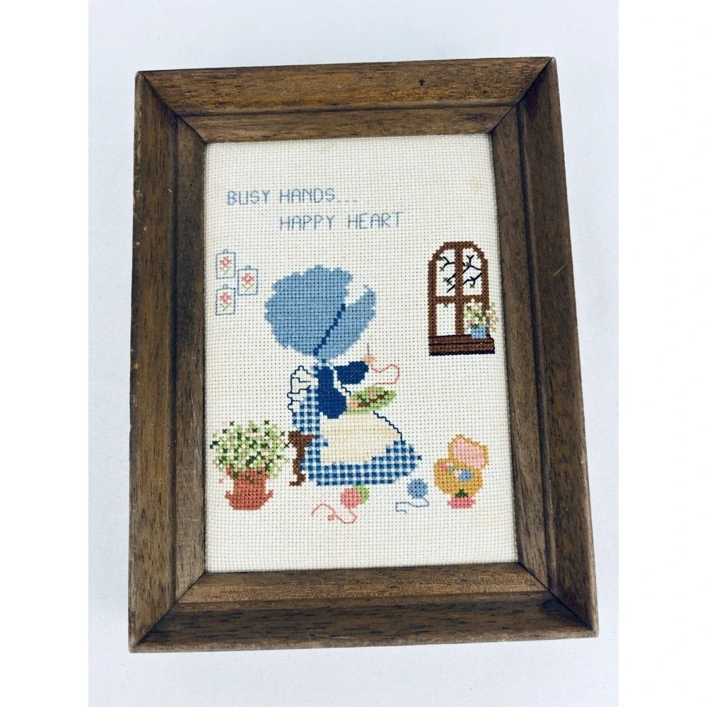 Vintage Picture Framed Cross Stitch Handmade Bonnet Girls Busy Hands Happy Heart